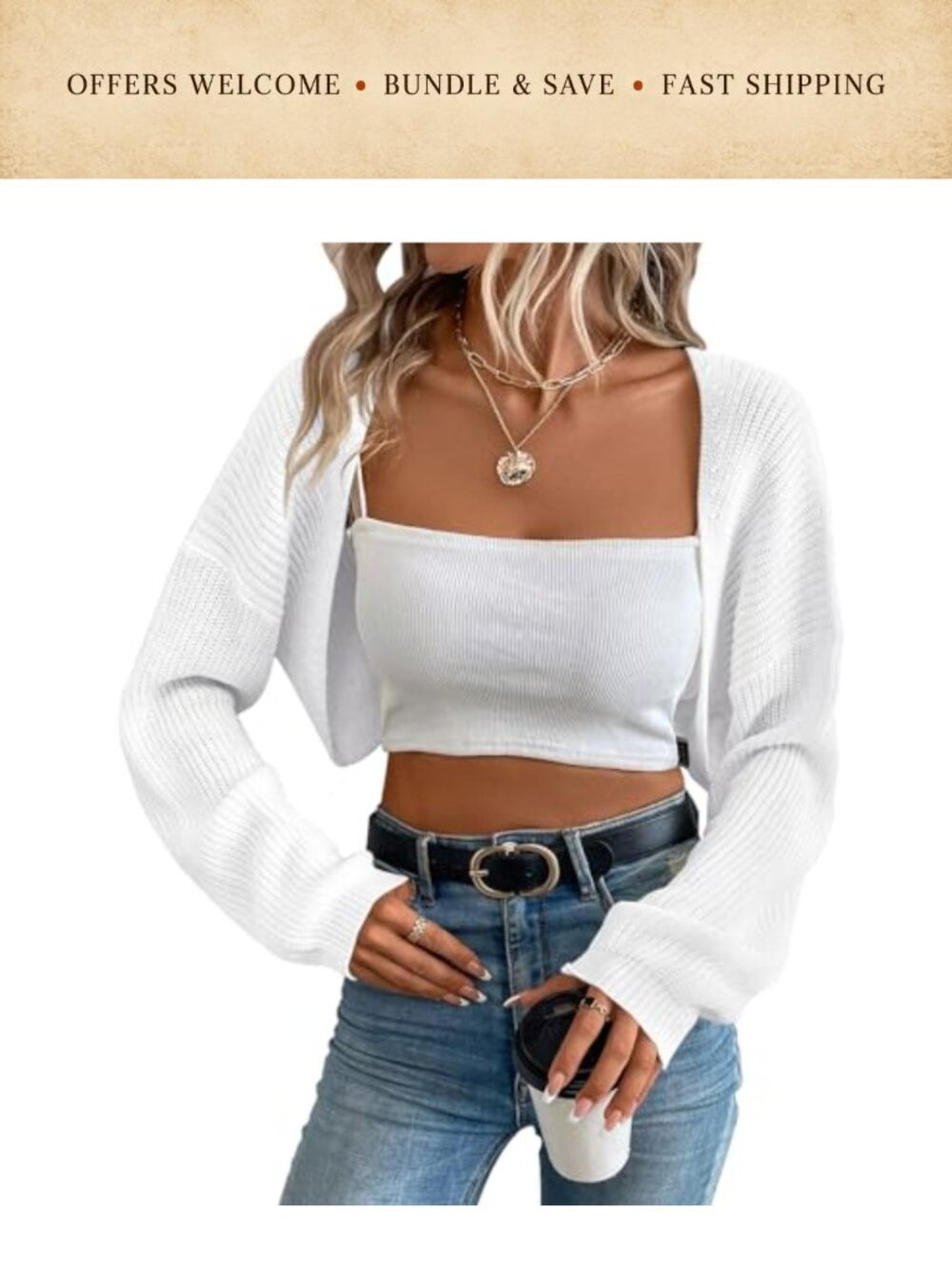 Women's Cropped Cardigan Shrug Long Sleeve Open Front Knit Bolero